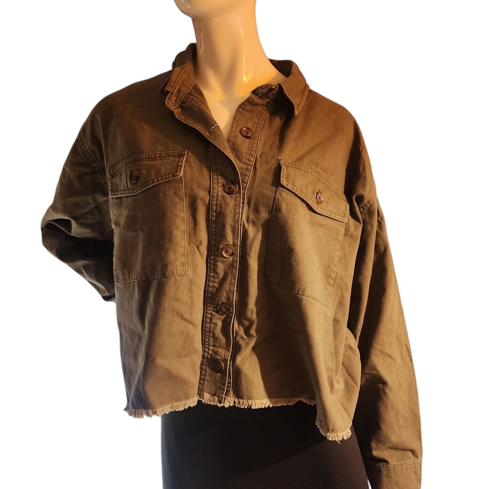 Olive Green Cropped Button-Up Jacket